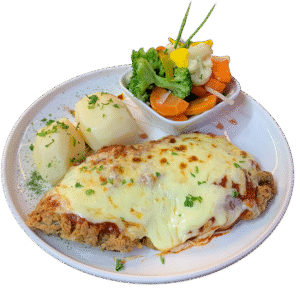 Pollo a  la parmesana con vegetales y papas al vapor