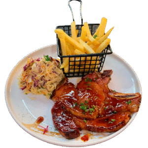 Chuleta  agridulce con papas frita y  ensalada rallada